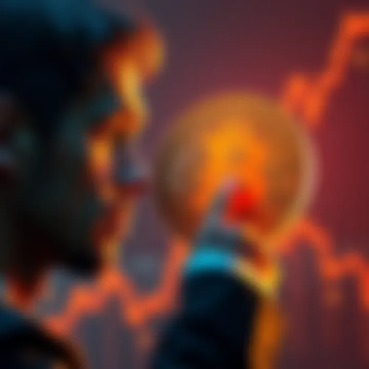 A person looking at a Bitcoin symbol with a decision-making expression, reflecting on selling their investment.