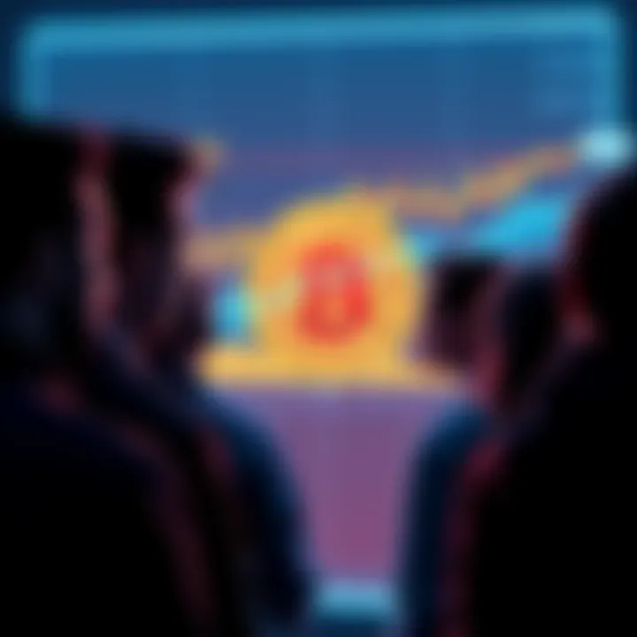 A group of people looking at a digital screen displaying Bitcoin trends and graphs, expressing uncertainty and contemplation about cryptocurrency investments.