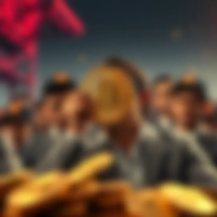 A representation of Bitcoin dominance with Crypto Joe prospering while struggling professionals are in the background, highlighting economic disparity.