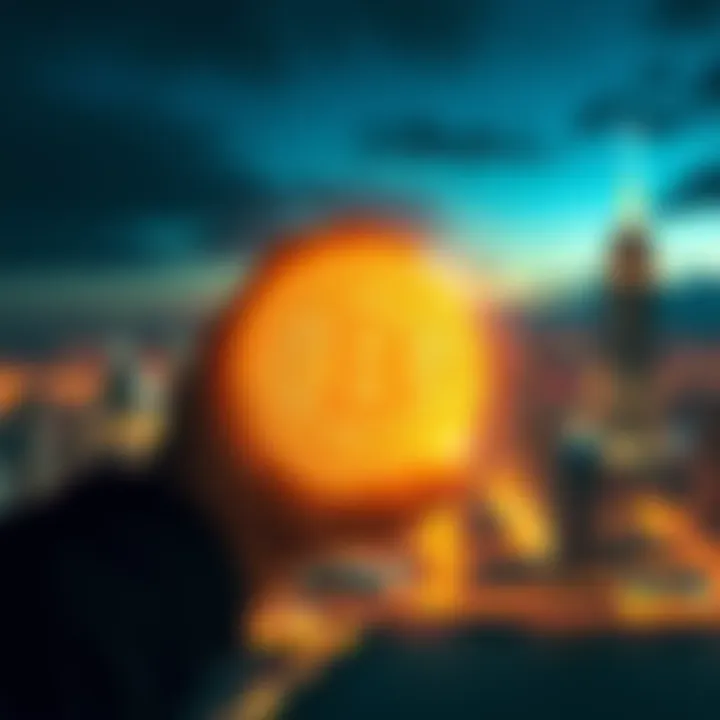 A person holding a glowing Bitcoin symbol with a city skyline in the background, symbolizing financial hope and possibilities for the future.