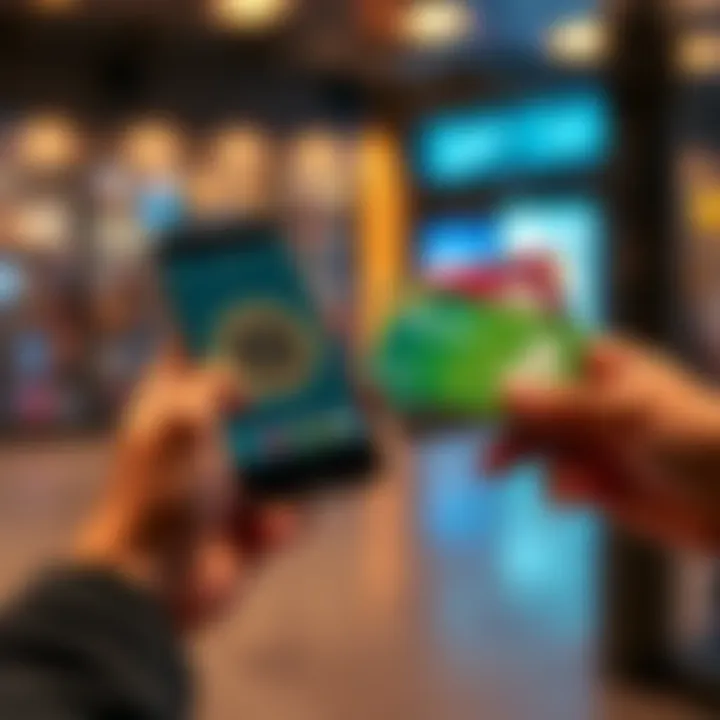 A person holding a smartphone displaying Bitcoin while another hand holds a stack of gift cards, illustrating a transaction