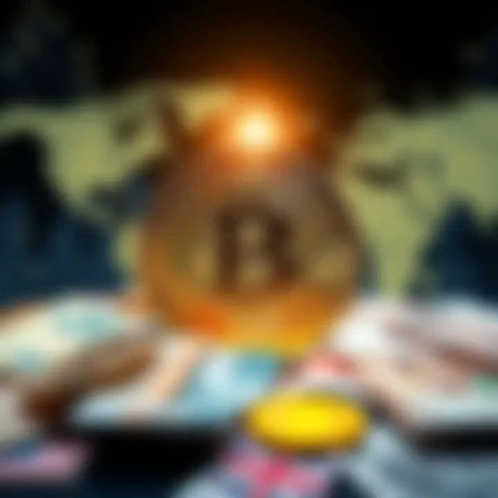 A Bitcoin symbol surrounded by various world currencies, highlighting its influence on the global financial market in 2025.