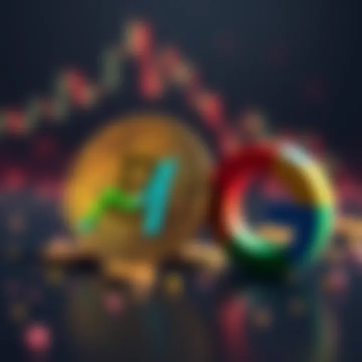 Bitcoin logo with a chart showing growth next to Google's logo, indicating Bitcoin's rise in market cap