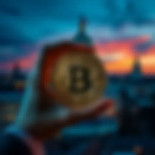A person holding a Bitcoin symbol over a background of government buildings, suggesting the connection between Bitcoin and potential government control of currency.