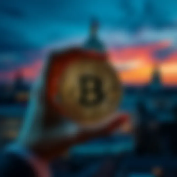 A person holding a Bitcoin symbol over a background of government buildings, suggesting the connection between Bitcoin and potential government control of currency.