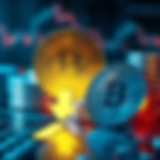 A graphic showing Bitcoin coins with a downward arrow representing the halving event and its market impact