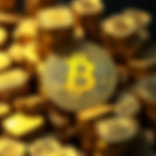A graphic showing a Bitcoin logo surrounded by stacks of gold coins, symbolizing Satoshi's untouched wealth.