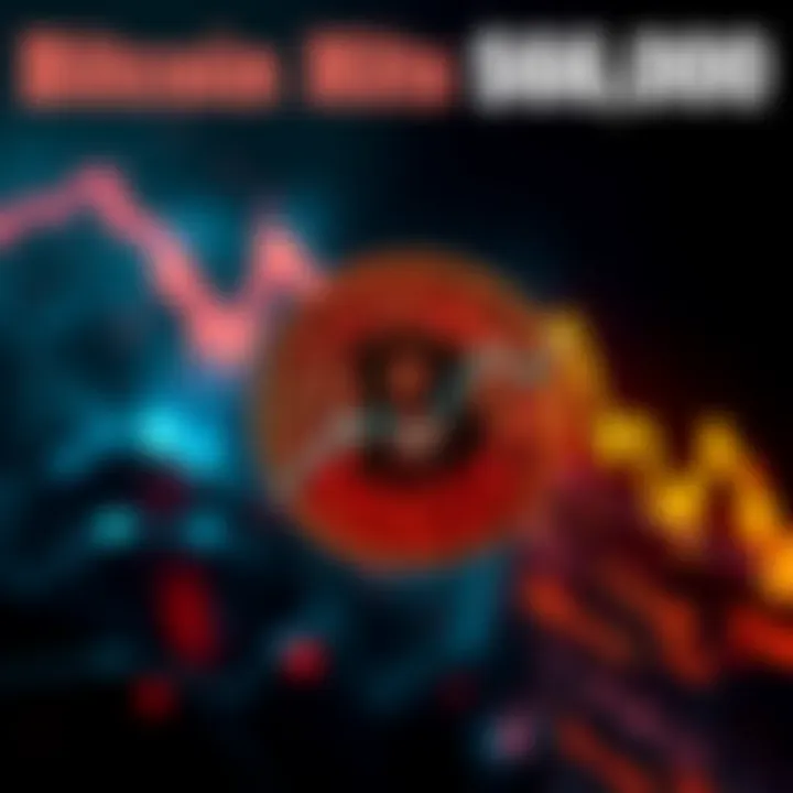 Bitcoin logo with a rising chart indicating a price of $66,000 and support levels at $0