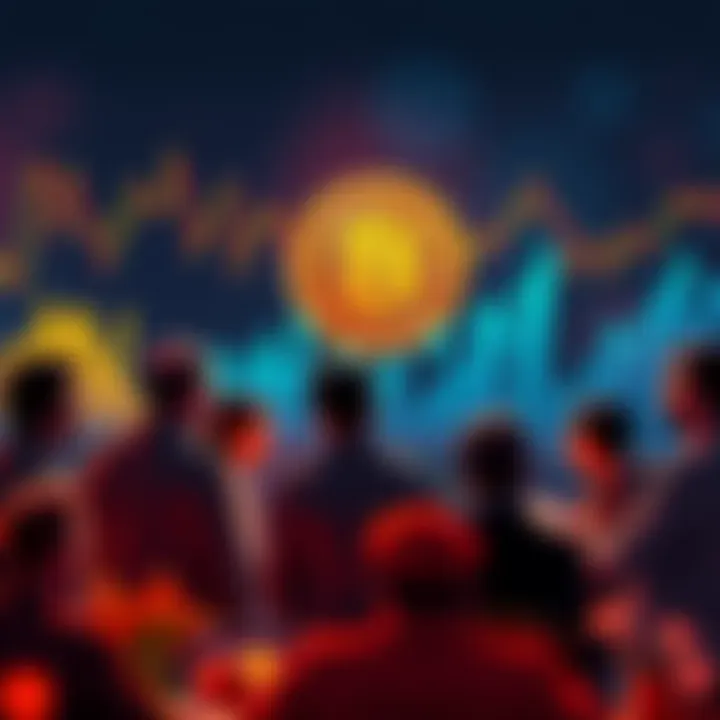 A group of people discussing Bitcoin prices with charts and graphs in the background