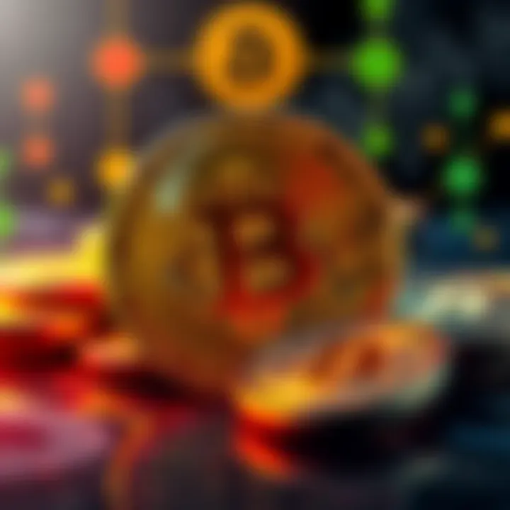 A visual representation of Bitcoin with symbols for staking and collateral options in the background