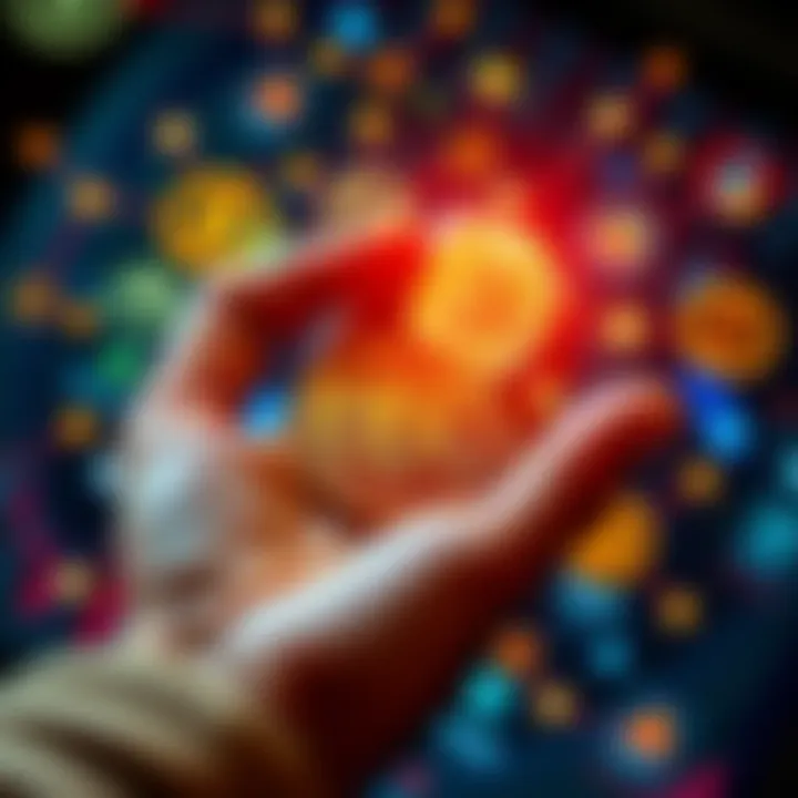 Bitcoin in hand A person holding a physical representation of bitcoin surrounded by digital symbols representing transactions and value