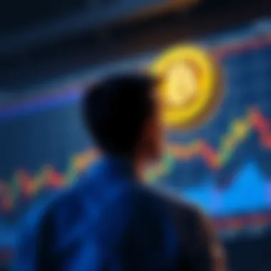 Bitcoin Investment Decision A person contemplating whether to buy Bitcoin now or wait for a price drop, looking at a graph showing cryptocurrency price changes.
