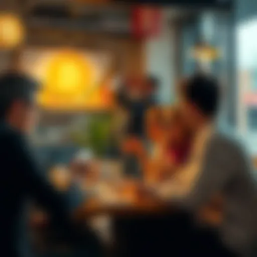 A group of people analyzing Bitcoin price charts and discussing investment strategies in a coffee shop.
