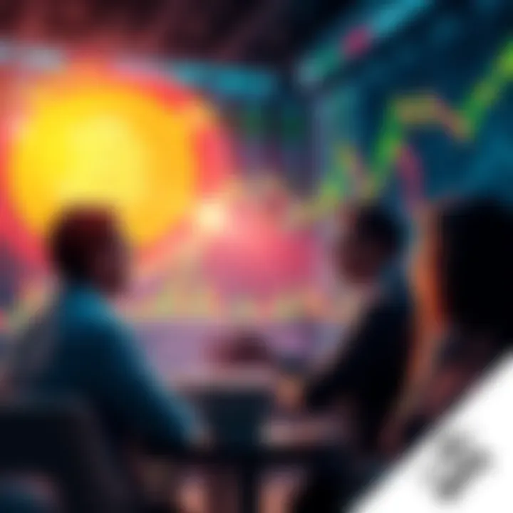 People discussing Bitcoin investment with charts and graphs in the background