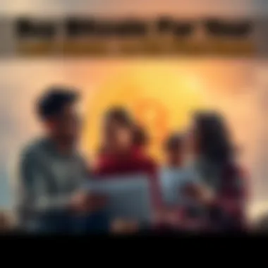 A family discussing financial plans with a Bitcoin symbol in the background, representing long-term investment and legacy planning.