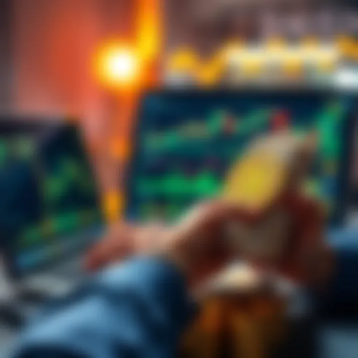 A person analyzing Bitcoin charts on a laptop while holding a stack of dollar bills, symbolizing potential profits.