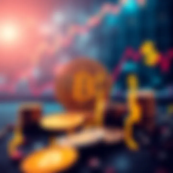 Graph showing a decline in Bitcoin price along with coins and dollar signs indicating investment opportunities