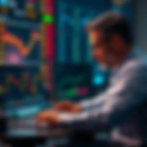 Investor analyzing Bitcoin prices with a laptop and charts showing a downward trend, considering dollar-cost averaging strategy.