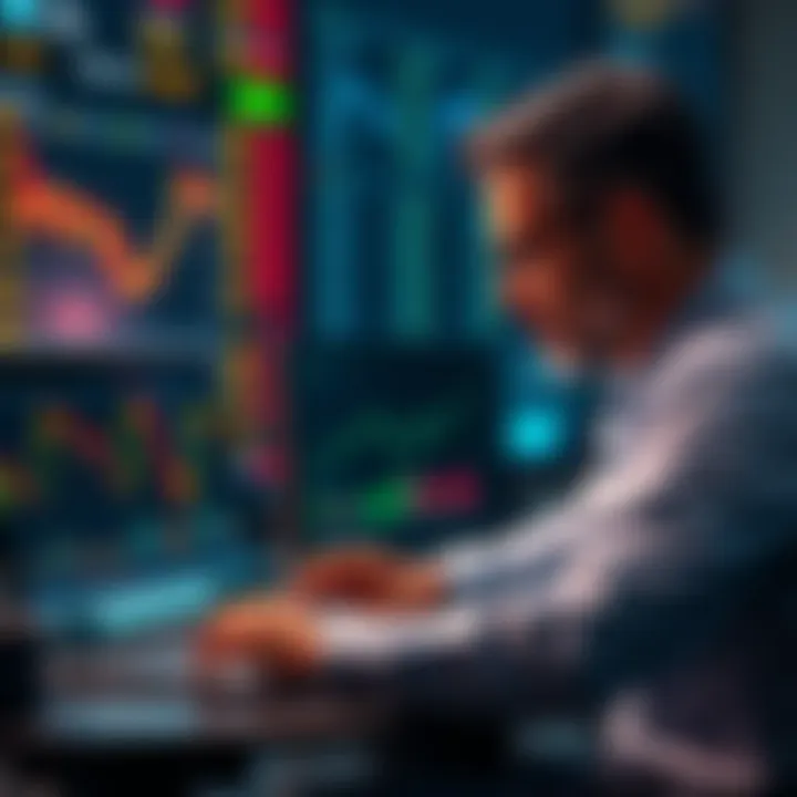 Investor analyzing Bitcoin prices with a laptop and charts showing a downward trend, considering dollar-cost averaging strategy.