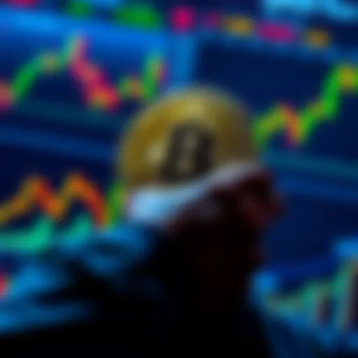 A person converting altcoins to Bitcoin with charts and graphs in the background.