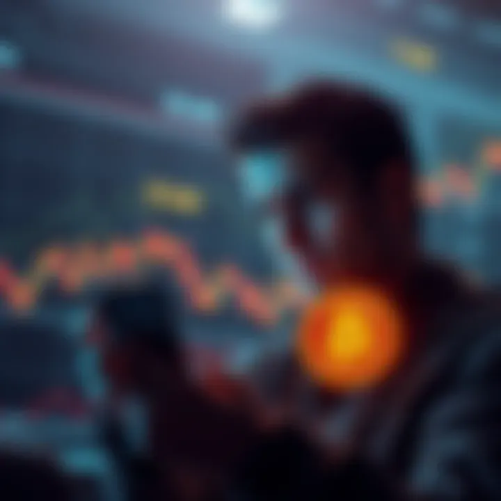 A person looking stressed while checking Bitcoin prices on a smartphone, with fluctuating graphs in the background.