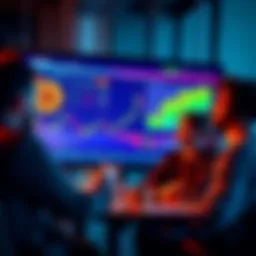 Bitcoin market analysis A group of investors discussing Bitcoin strategies after a price drop, with charts and graphs on a screen showing market trends.