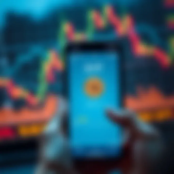 A person holding a smartphone displaying a Bitcoin wallet with 0.17 BTC balance and graphs in the background showing price trends.