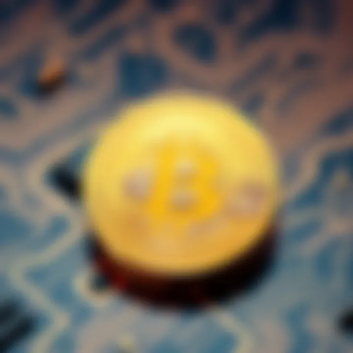 A shiny Bitcoin coin placed on a digital circuit board, symbolizing its role in the cryptocurrency world amidst competition.