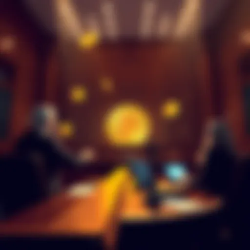 A courtroom scene with a judge, lawyers discussing Bitcoin ownership, and digital currency symbols in the background.