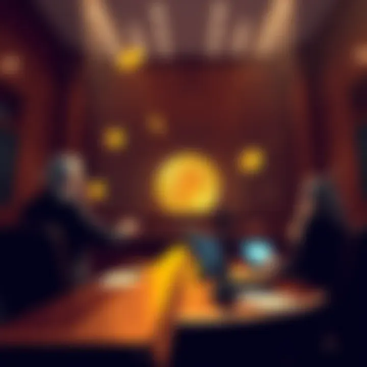 A courtroom scene with a judge, lawyers discussing Bitcoin ownership, and digital currency symbols in the background.