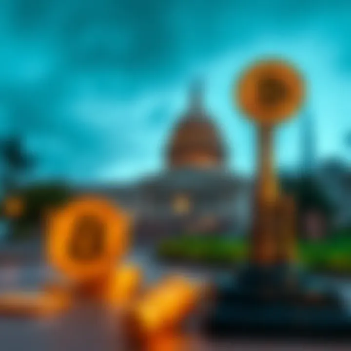 A visual representation of Bitcoin symbols with a government building in the background, depicting the risk of a Bitcoin ban.