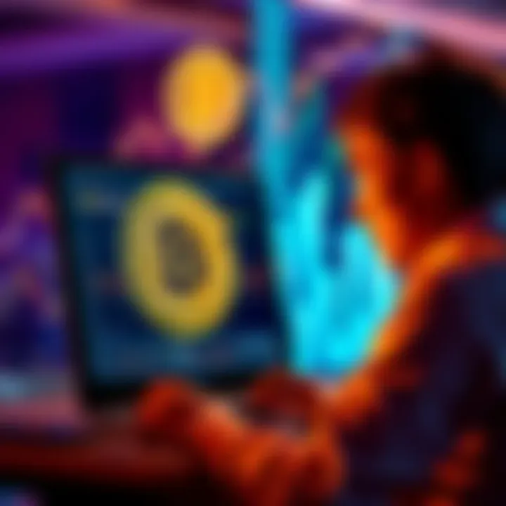 A person looking at a Bitcoin lender platform on their laptop, highlighting the no margin call feature, with cryptocurrency graphics in the background.