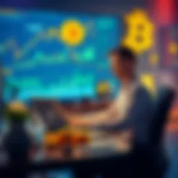 Bitcoin Lending Growth A person sitting at a desk with a laptop, analyzing Bitcoin lending options, surrounded by financial charts and cryptocurrency symbols.