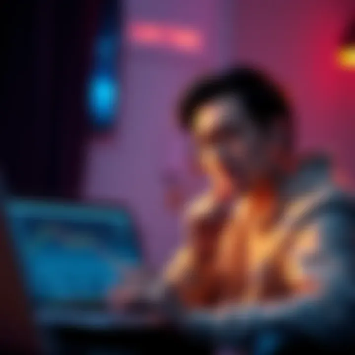 A person contemplating the decision to borrow against Bitcoin, with a laptop showing cryptocurrency data and a thoughtful expression.