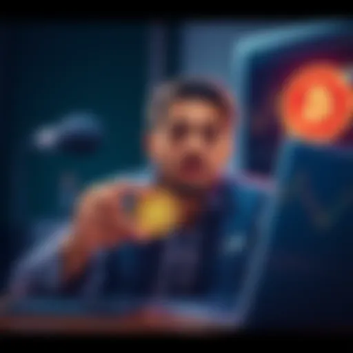 A person contemplating a loan for Bitcoin, holding a coin and looking at a laptop displaying market trends.