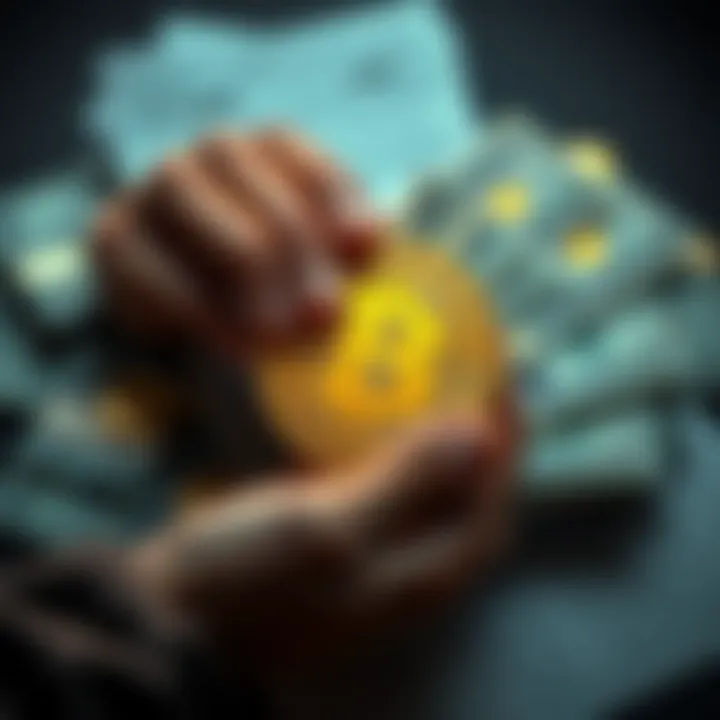 A person holding a Bitcoin symbol while surrounded by cash and loan documents, illustrating the idea of borrowing against Bitcoin without selling it.