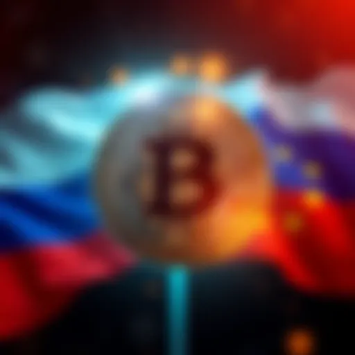 Illustration showing a Bitcoin symbol with flags of China and Russia behind it, representing a conspiracy theory about economic influence.
