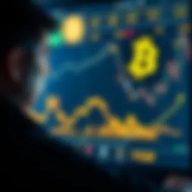 A graphic showing a downward trend in Bitcoin prices with a worried investor looking at a screen