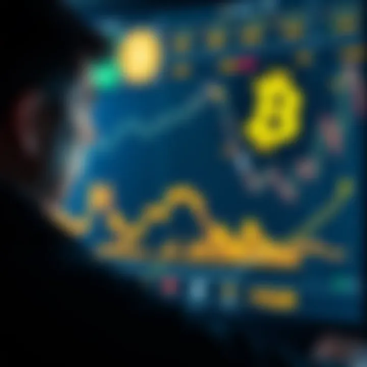 A graphic showing a downward trend in Bitcoin prices with a worried investor looking at a screen