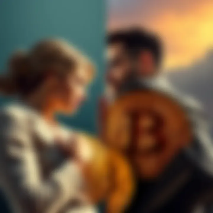 A split scene showing a couple arguing on one side and a Bitcoin symbol on the other, symbolizing the conflict between love and investment.