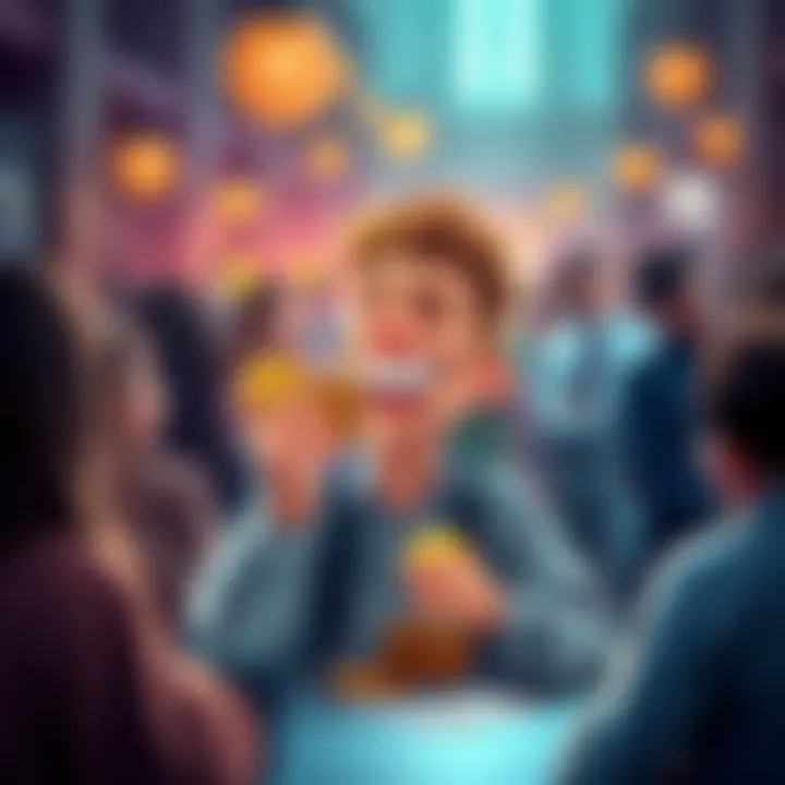 A humorous Bitcoin meme featuring a character laughing while holding coins, surrounded by lively discussions in the background, representing online conversations about cryptocurrency.