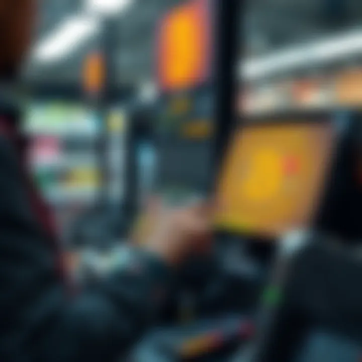 A merchant ringing up a sale with Bitcoin on a digital screen, showing higher prices than cash transactions