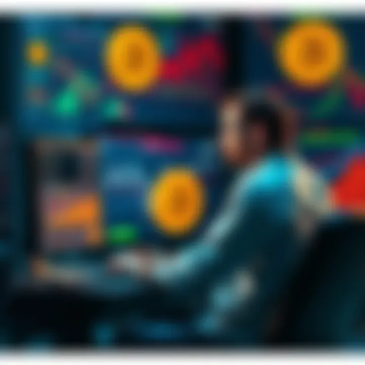 A man sitting at a computer with mining equipment, surrounded by early Bitcoin graphics and charts.