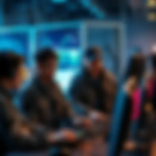 Group of Bitcoin miners working with AI tech in a modern setup, showing computers and graphics.