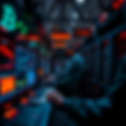 Miners operating Bitcoin mining rigs, showing screens with data charts and graphics related to cryptocurrency