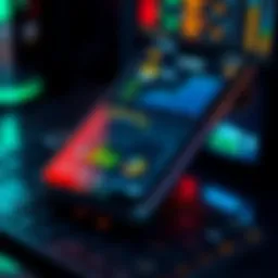A smartphone displaying a bitcoin mining app interface with graphs and stats on the screen