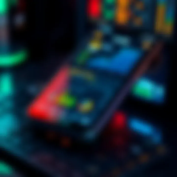 A smartphone displaying a bitcoin mining app interface with graphs and stats on the screen