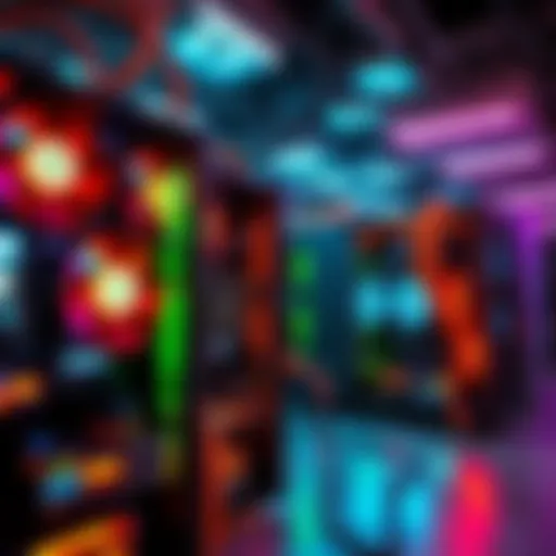 A setup of Bitcoin mining rigs with glowing LED lights and cooling fans, showcasing the technology used by miners.