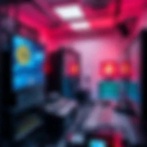 A person setting up Bitcoin mining rigs with multiple graphics cards and monitors in a room, showcasing the focus on cryptocurrency mining.