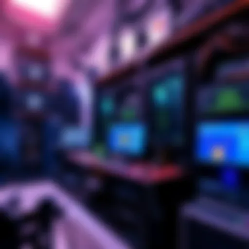 A workspace with Bitcoin mining rigs, computer screens displaying mining software, and tools for managing operations.